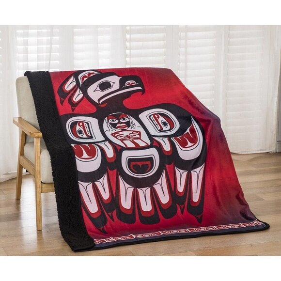 New Native Thunderbird Sherpa Plush Throw Gift Blanket SOFT American Indian Red - Picture 1 of 5